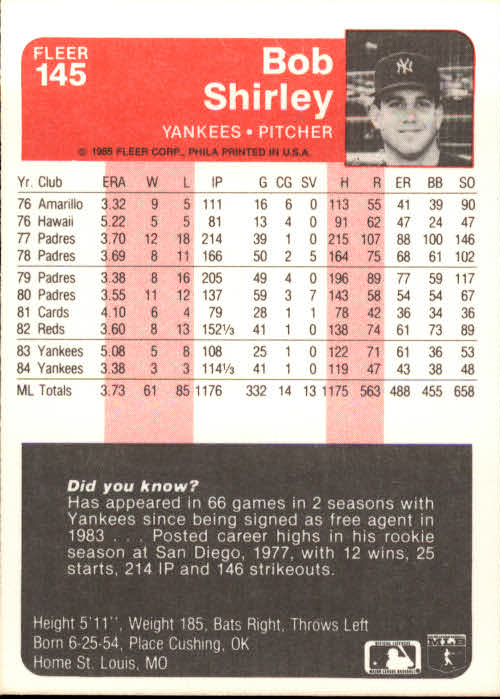 A1071- 1985 Fleer Baseball Card #s 1-250 +Rookies -You Pick- 15+ FREE US SHIP - Picture 245 of 431
