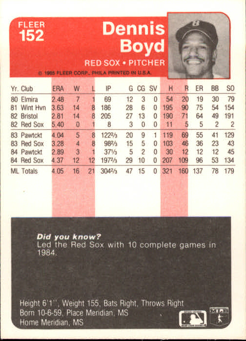 1985 Fleer #152 Dennis Boyd back image