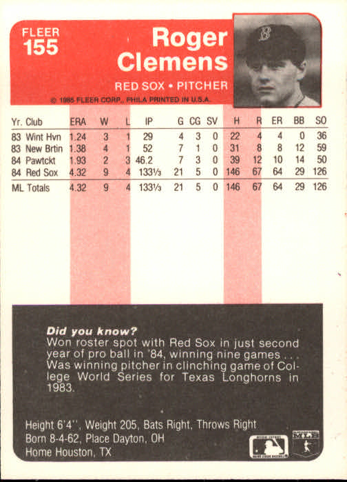 1985 Fleer #155 Roger Clemens RC back image