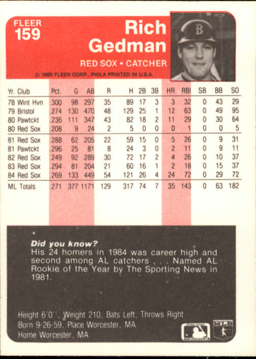 1985 Fleer #159 Rich Gedman back image