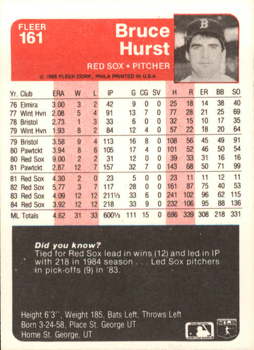 1985 Fleer #161 Bruce Hurst back image