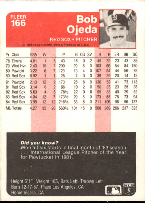 1985 Fleer #166 Bob Ojeda back image