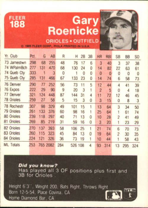 A1071- 1985 Fleer Baseball Card #s 1-250 +Rookies -You Pick- 15+ FREE US SHIP - Picture 319 of 431
