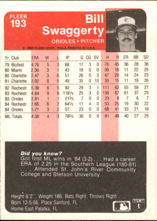 1985 Fleer #193 Bill Swaggerty back image