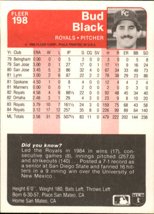 A1071- 1985 Fleer Baseball Card #s 1-250 +Rookies -You Pick- 15+ FREE US SHIP - Picture 339 of 431