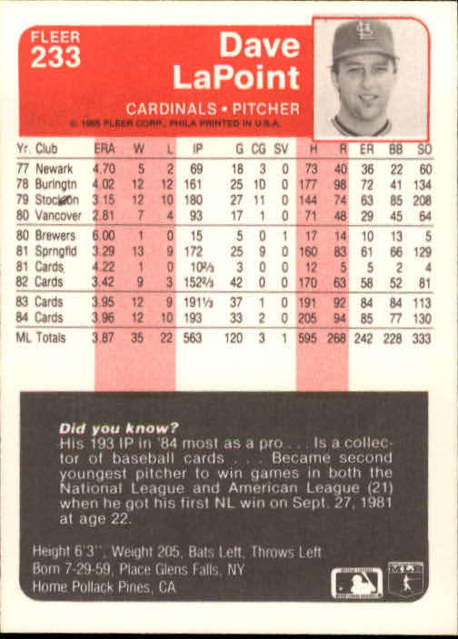 1985 Fleer #233 Dave LaPoint back image
