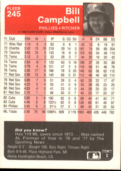 1985 Fleer #245 Bill Campbell back image