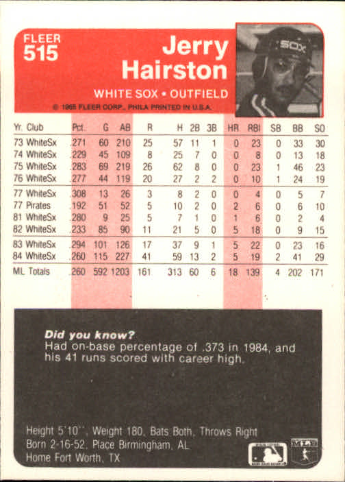 1985 Fleer #515 Jerry Hairston back image