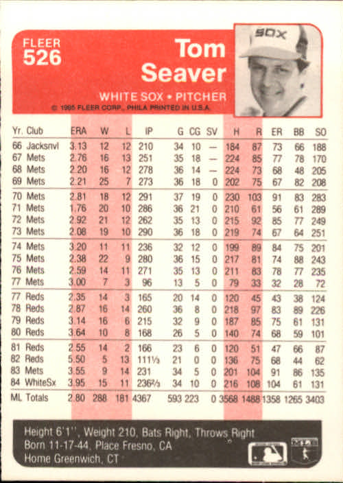 1985 Fleer #526 Tom Seaver back image