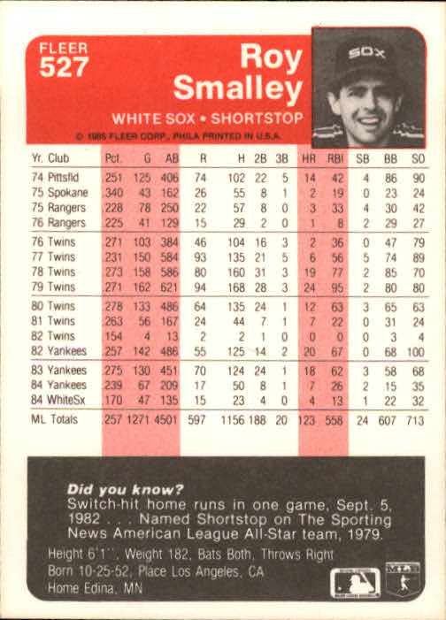 1985 Fleer #527 Roy Smalley back image