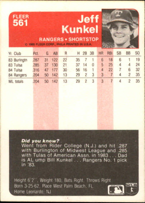 1985 Fleer #561 Jeff Kunkel back image