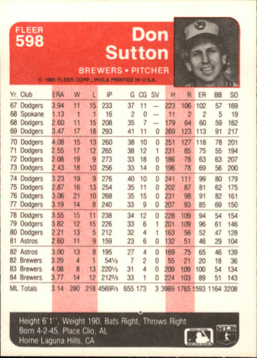 1985 Fleer #598 Don Sutton back image
