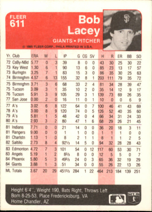 1985 Fleer #611 Bob Lacey back image