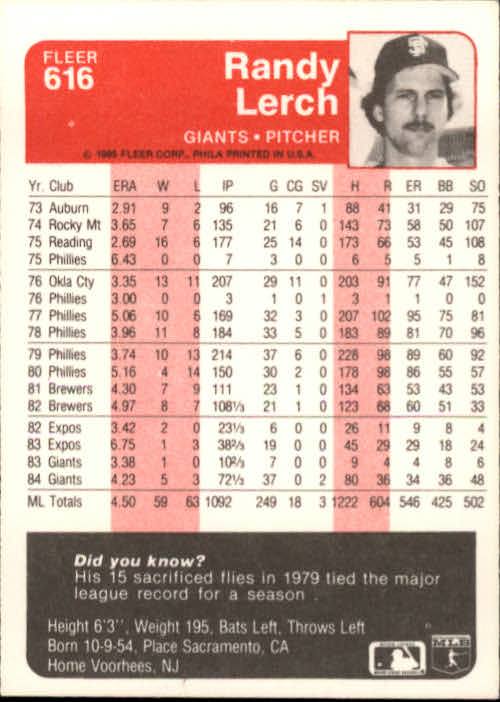 1985 Fleer #616 Randy Lerch back image