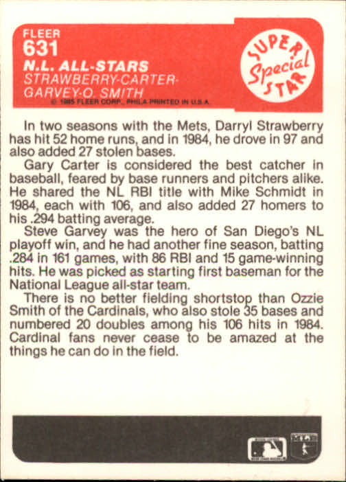 1985 Fleer #631 Darryl Strawberry/Gary Carter/Steve Garvey/Ozzie Smith back image