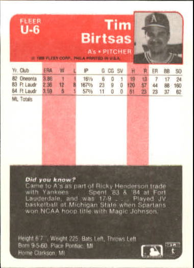 1985 Fleer Update #6 Tim Birtsas back image