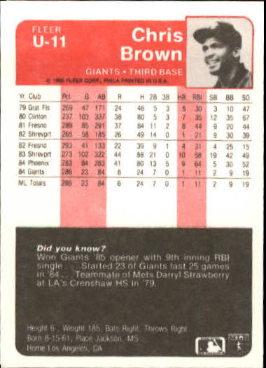 1985 Fleer Update #11 Chris Brown XRC back image