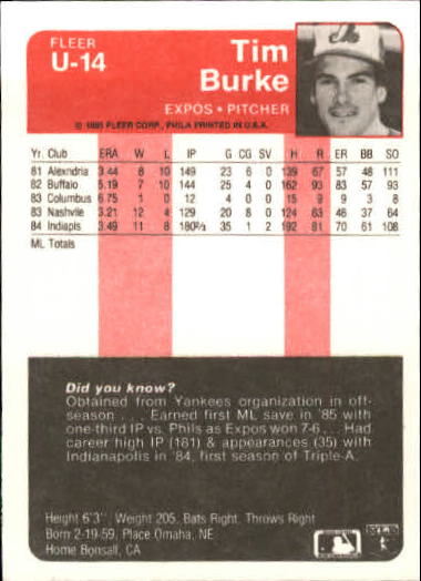 1985 Fleer Update #14 Tim Burke back image