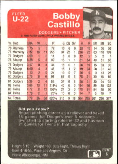 1985 Fleer Update #22 Bobby Castillo back image
