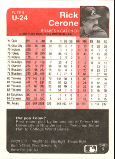 1985 Fleer Update #24 Rick Cerone back image