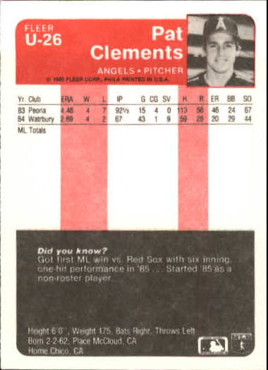1985 Fleer Update #26 Pat Clements back image