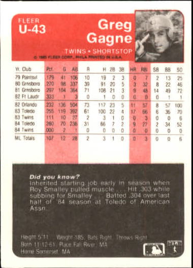 1985 Fleer Update #43 Greg Gagne XRC back image