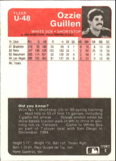 1985 Fleer Update #48 Ozzie Guillen XRC back image