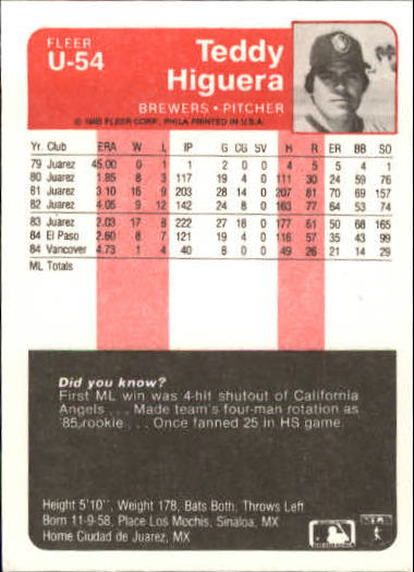1985 Fleer Update #54 Teddy Higuera XRC back image
