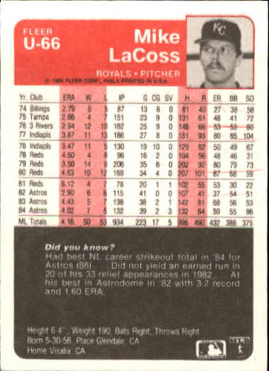 1985 Fleer Update #66 Mike LaCoss back image