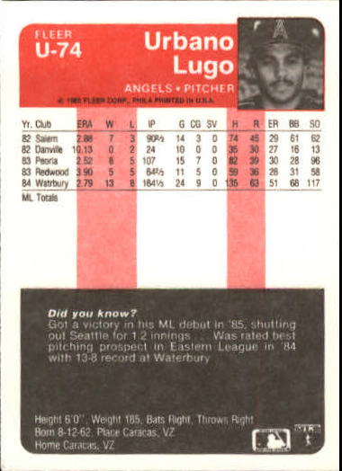 1985 Fleer Update #74 Urbano Lugo back image