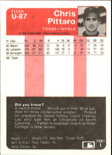 1985 Fleer Update #87 Chris Pittaro back image