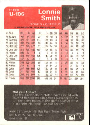 1985 Fleer Update #106 Lonnie Smith back image