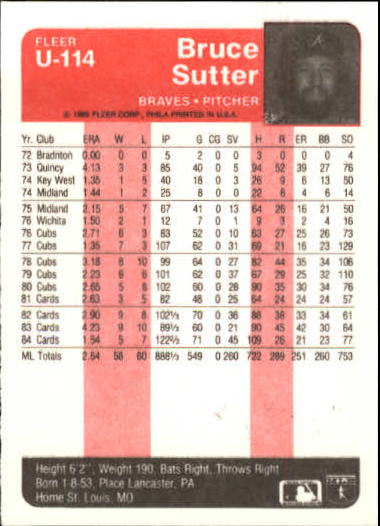 1985 Fleer Update #114 Bruce Sutter back image