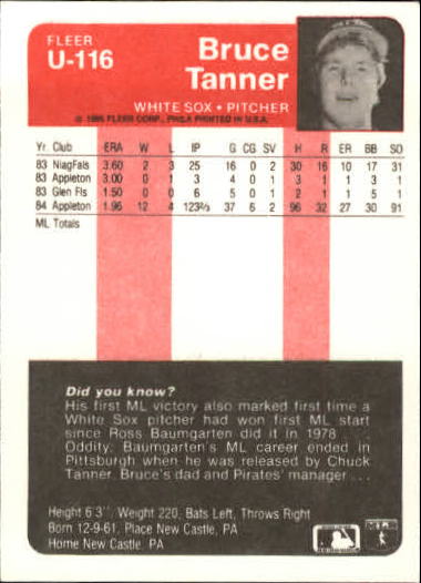 1985 Fleer Update #116 Bruce Tanner back image