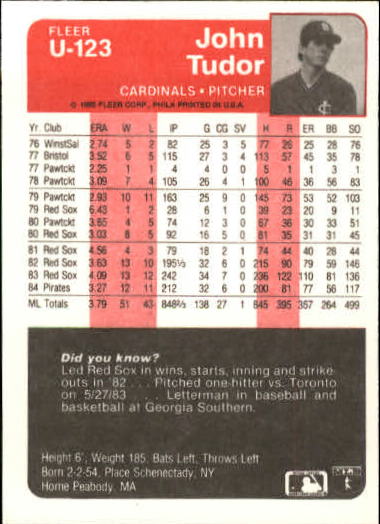 1985 Fleer Update #123 John Tudor back image