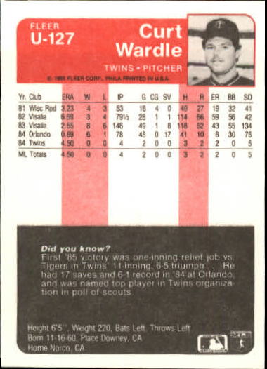 1985 Fleer Update #127 Curt Wardle back image