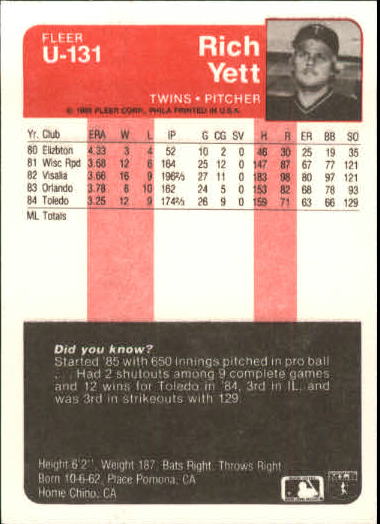 1985 Fleer Update #131 Rich Yett back image