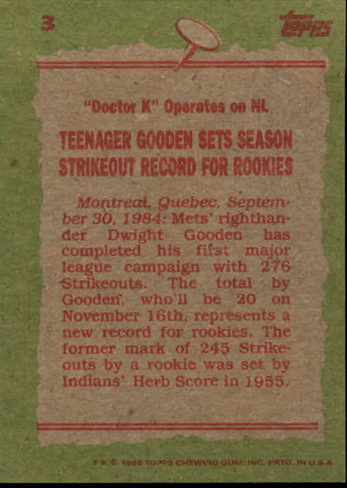 1985 Topps #3 Dwight Gooden RB back image