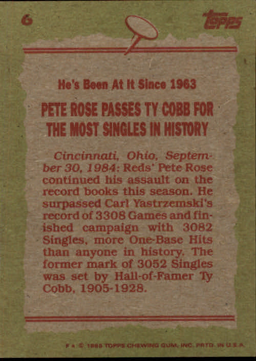 1985 Topps #6 Pete Rose RB back image