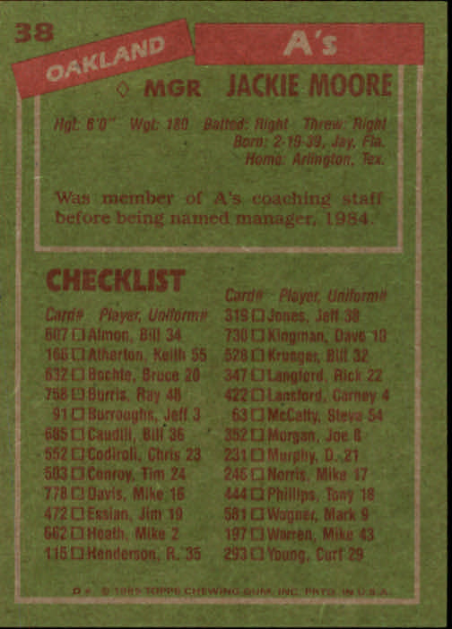 1985 Topps #38 Jackie Moore MG back image