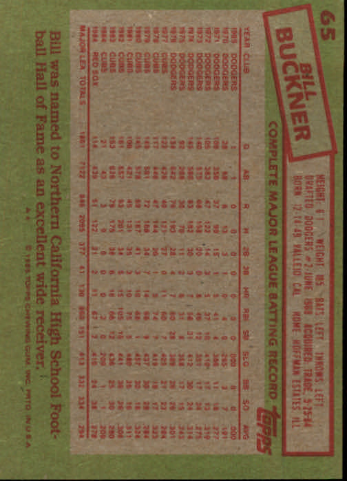 1985 Topps #65 Bill Buckner back image