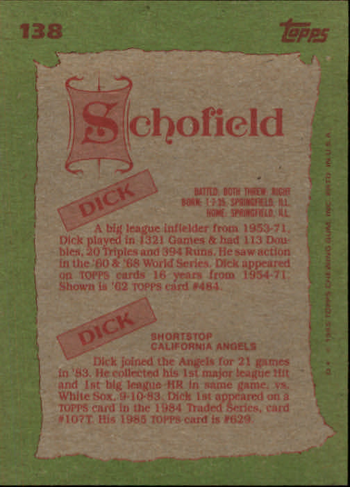 1985 Topps #138 Dick/Dick Schofield FS back image