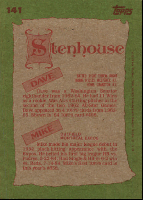 1985 Topps #141 Mike/Dave Stenhouse FS back image