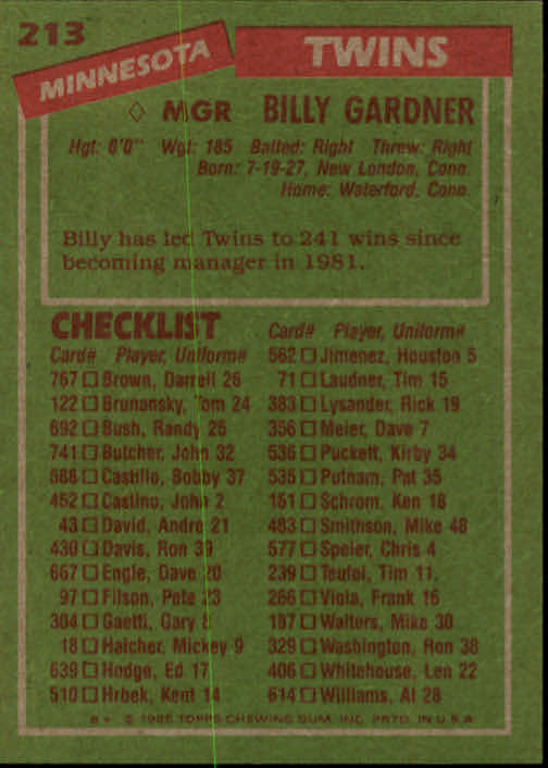 1985 Topps #213 Billy Gardner MG back image