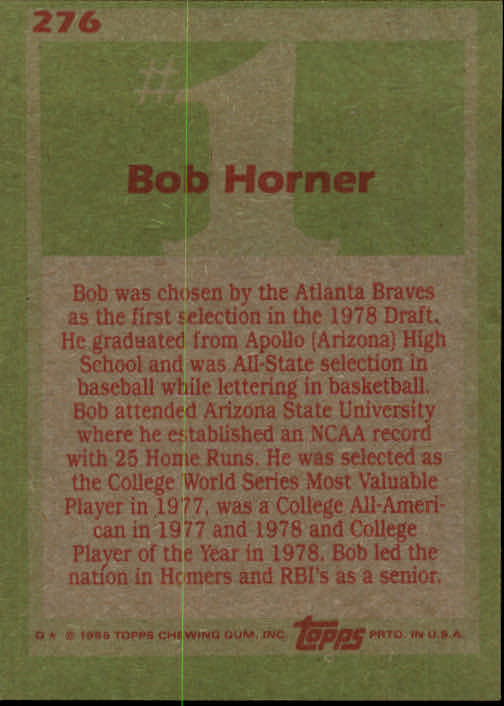 1985 Topps #276 Bob Horner FDP back image