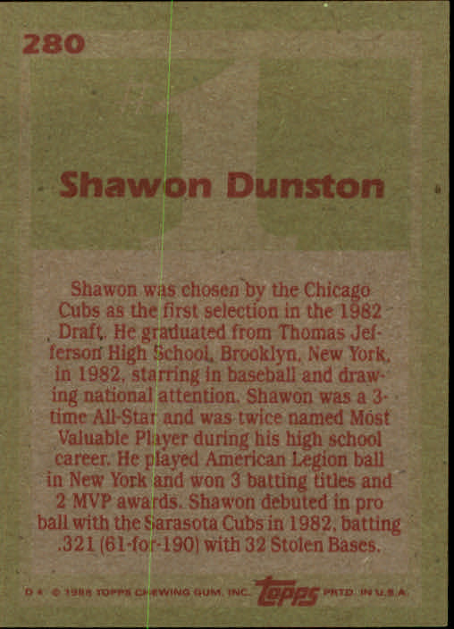 1985 Topps #280 Shawon Dunston FDP RC back image