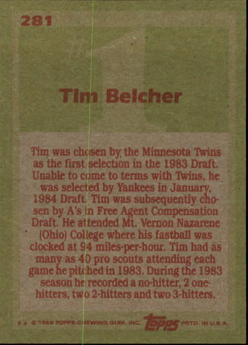 1985 Topps #281 Tim Belcher FDP RC back image
