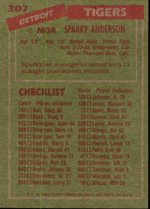 1985 Topps #307 Sparky Anderson MG back image