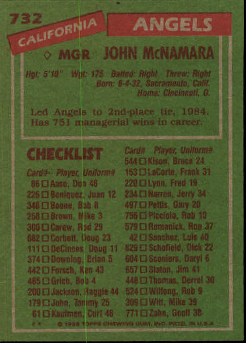 1985 Topps #732 John McNamara MG back image