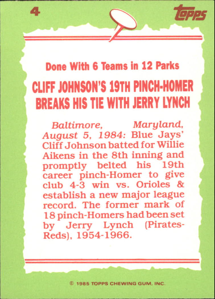 1985 Topps Tiffany #4 Cliff Johnson RB/Most pinch homers&/lifetime back image